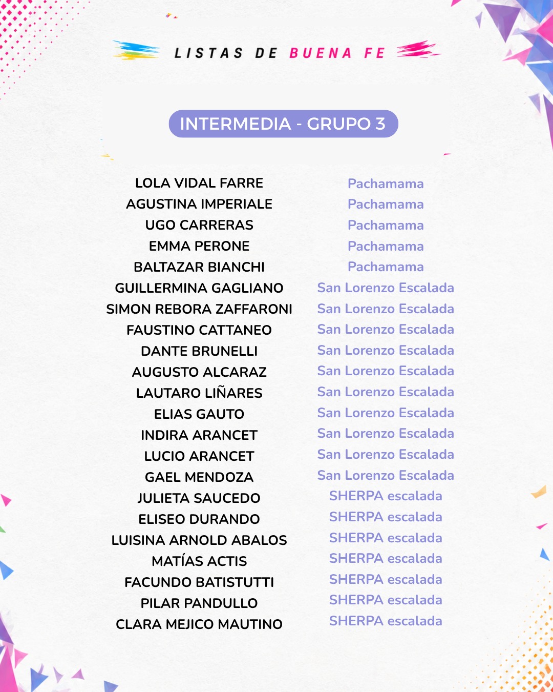 Lista de Buena Fe — Intermedia Grupo 3